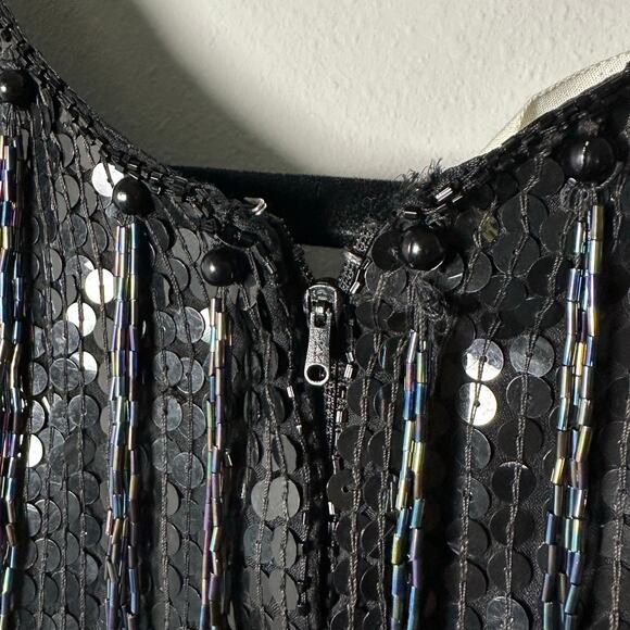 Vintage Swee Lo Black Sequins Beaded Fringe 100% Silk Blouse Women's Medium - Picture 8 of 8